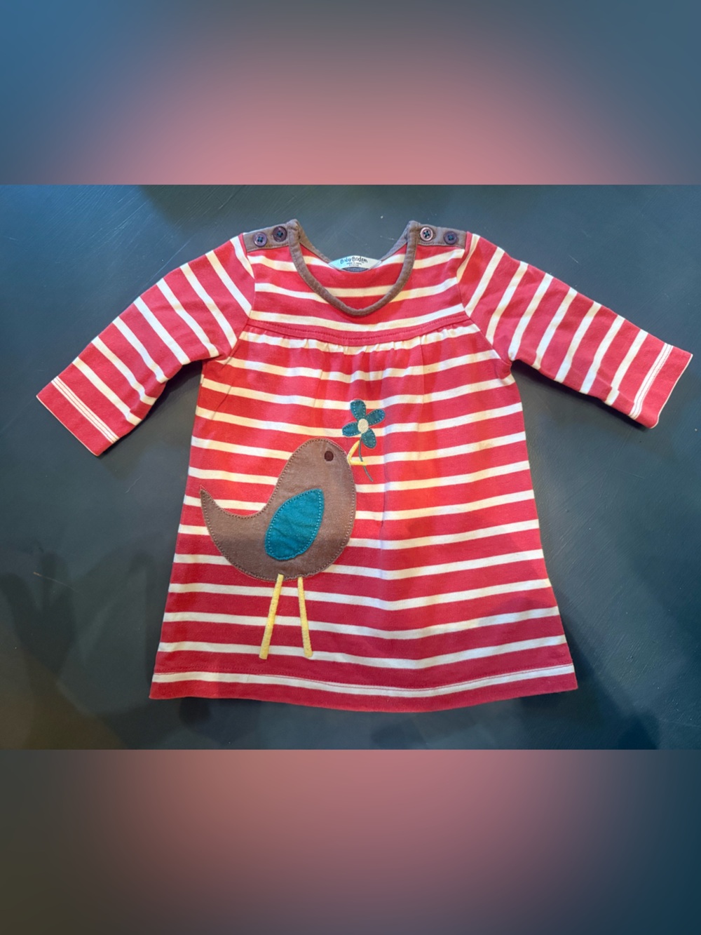 Baby Boden Red and White Striped Bird Appliqué Dress